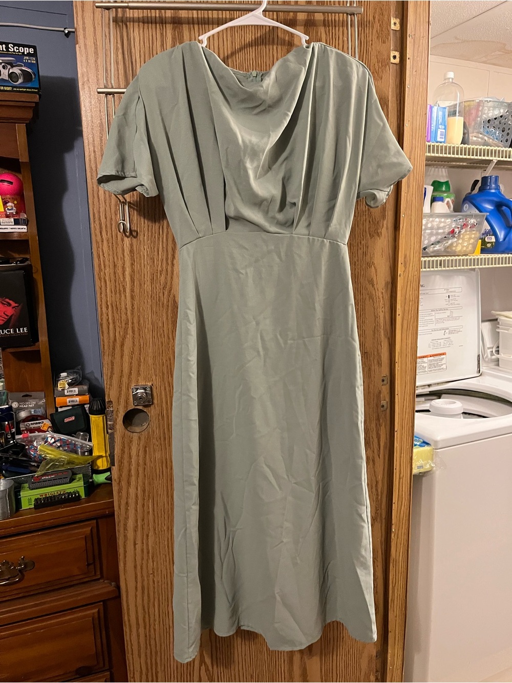 SHEIN Sage Green Draped Cowl Midi Dress